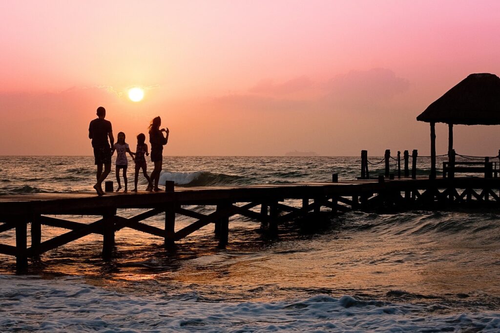 family, pier, nature, man, woman, children, happy, holiday, silhouette, sunrise, dock, beach